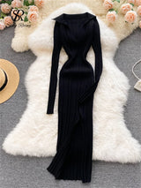SINGREINY Women Korean Knitted Dress Long Sleeve V Neck Elastic Slim Pencil Dresses 2021 Autumn Sexy Bodycon Split Sweater Dress 10
