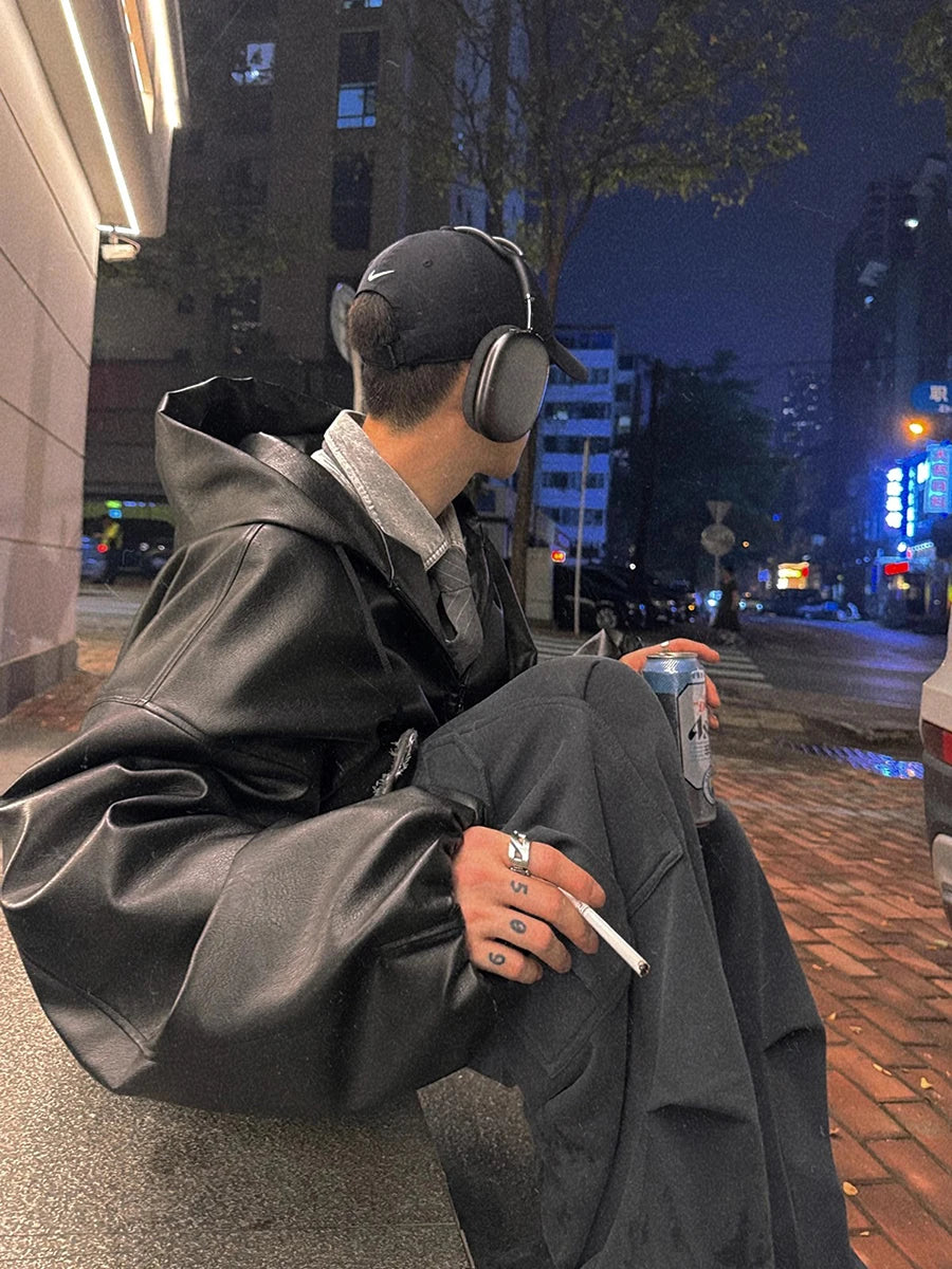 Mauroicardi Spring Autumn Short Oversized Black Soft Pu Leather Jacket Men with Hood Zipper Loose Casual Korean Fashion Clothes 4