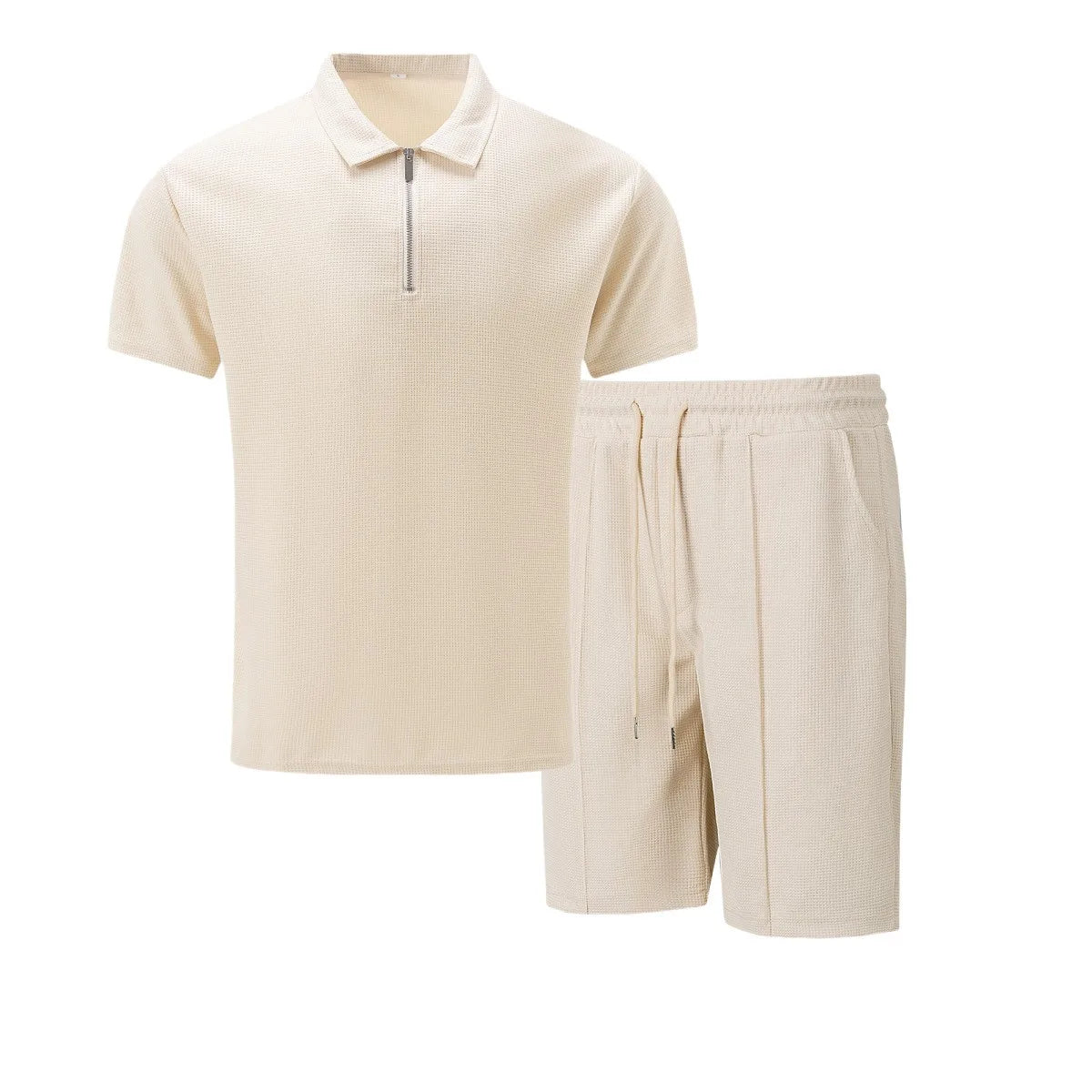2025 Men Europe and the United States new summer Waffle solid color zip-up lapel short-sleeve suit shorts two sets 2