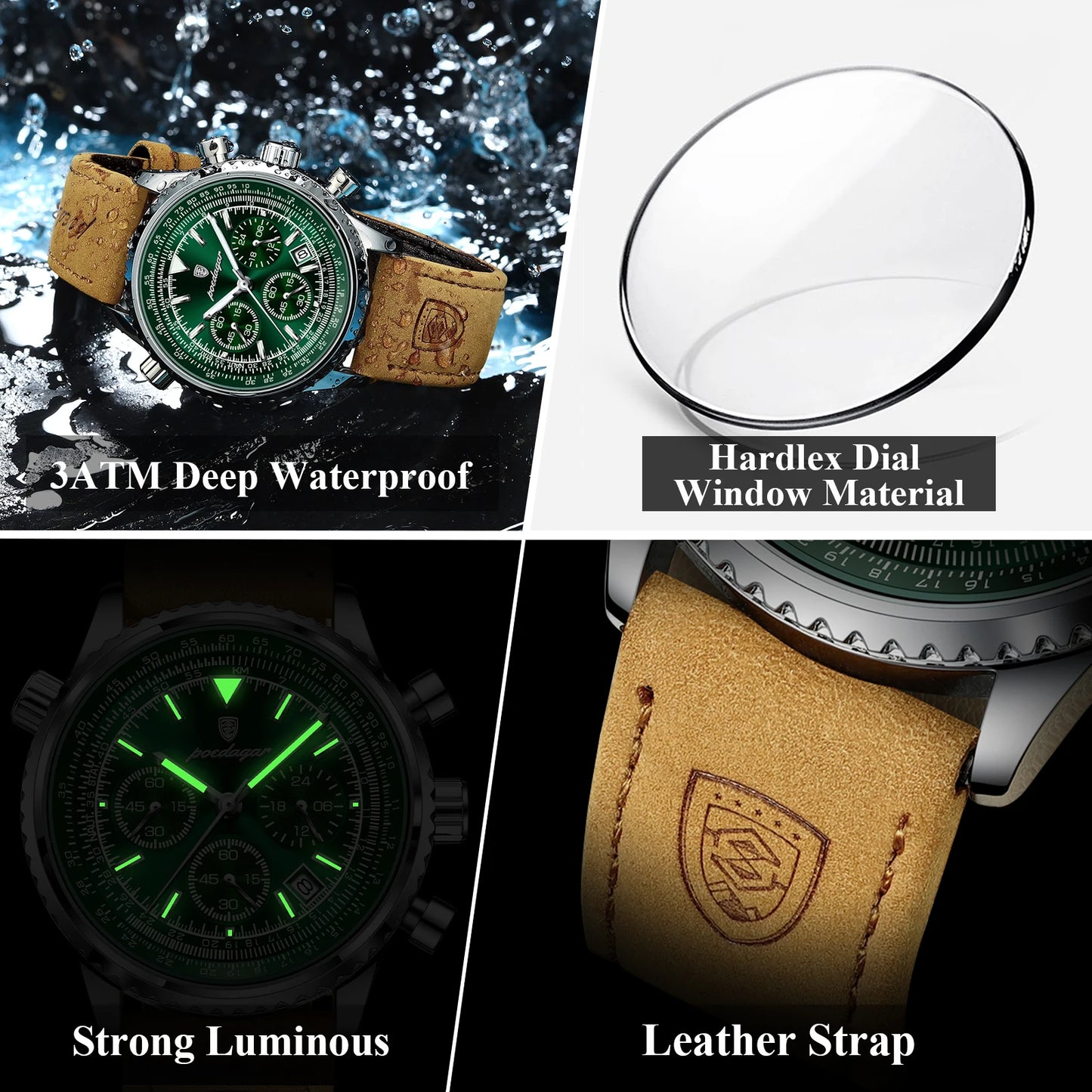 Luxury Man Watch Quartz Waterproof Luminous Date Chronograph Leather Men Wristwatch 4