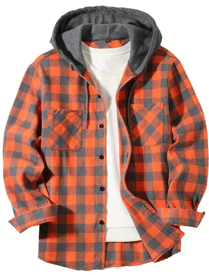 Youth Fashion Street Hooded Plaid Shirt Men's Slim Fit 3
