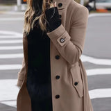 Fashion Commuting Winter Jacket Mid-length Overcoat 2025 Solid color Belt Single-breasted Stand collar for Ladies Office Outfit