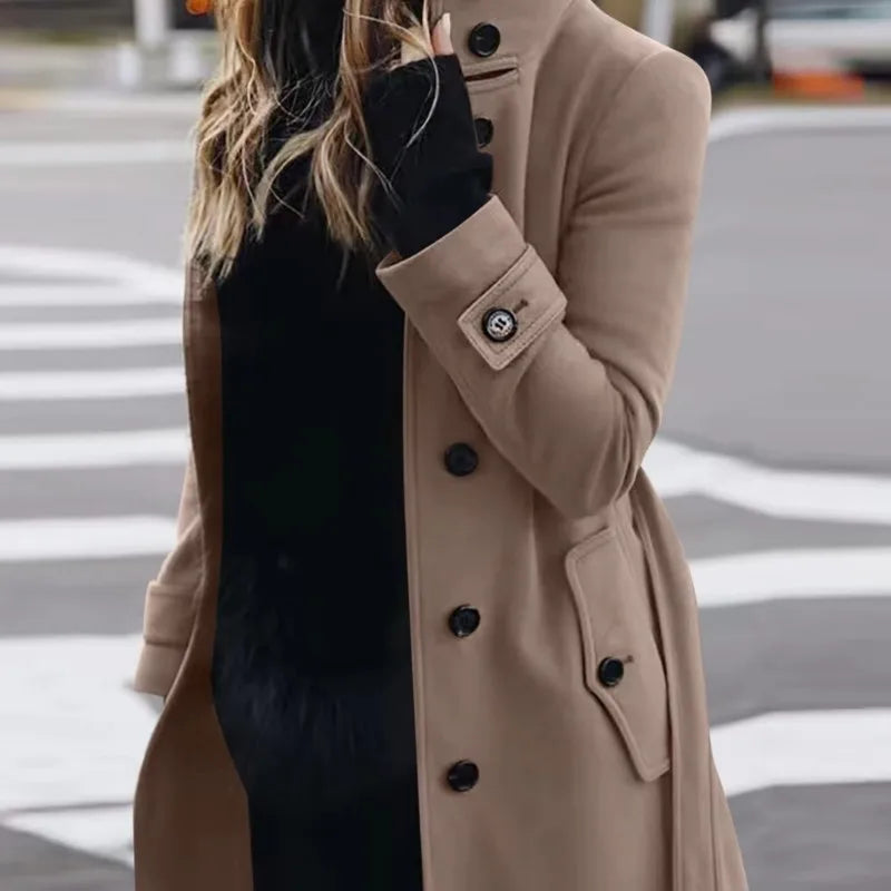 Fashion Commuting Winter Jacket Mid-length Overcoat 2025 Solid color Belt Single-breasted Stand collar for Ladies Office Outfit