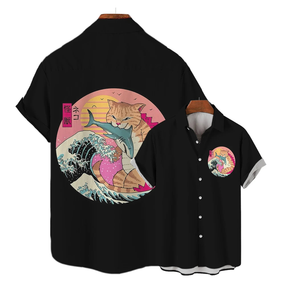 Fashion-Men-s-Clothing-Cool-Samurai-Cat-Tops-Summer-New-Men-s-Clothing-Casual-Short-Sleeved