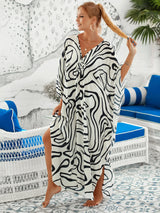 Loose Floral Pleated Kaftan Dresses for Women Wave Neck Swimsuit Cover Up Caftan