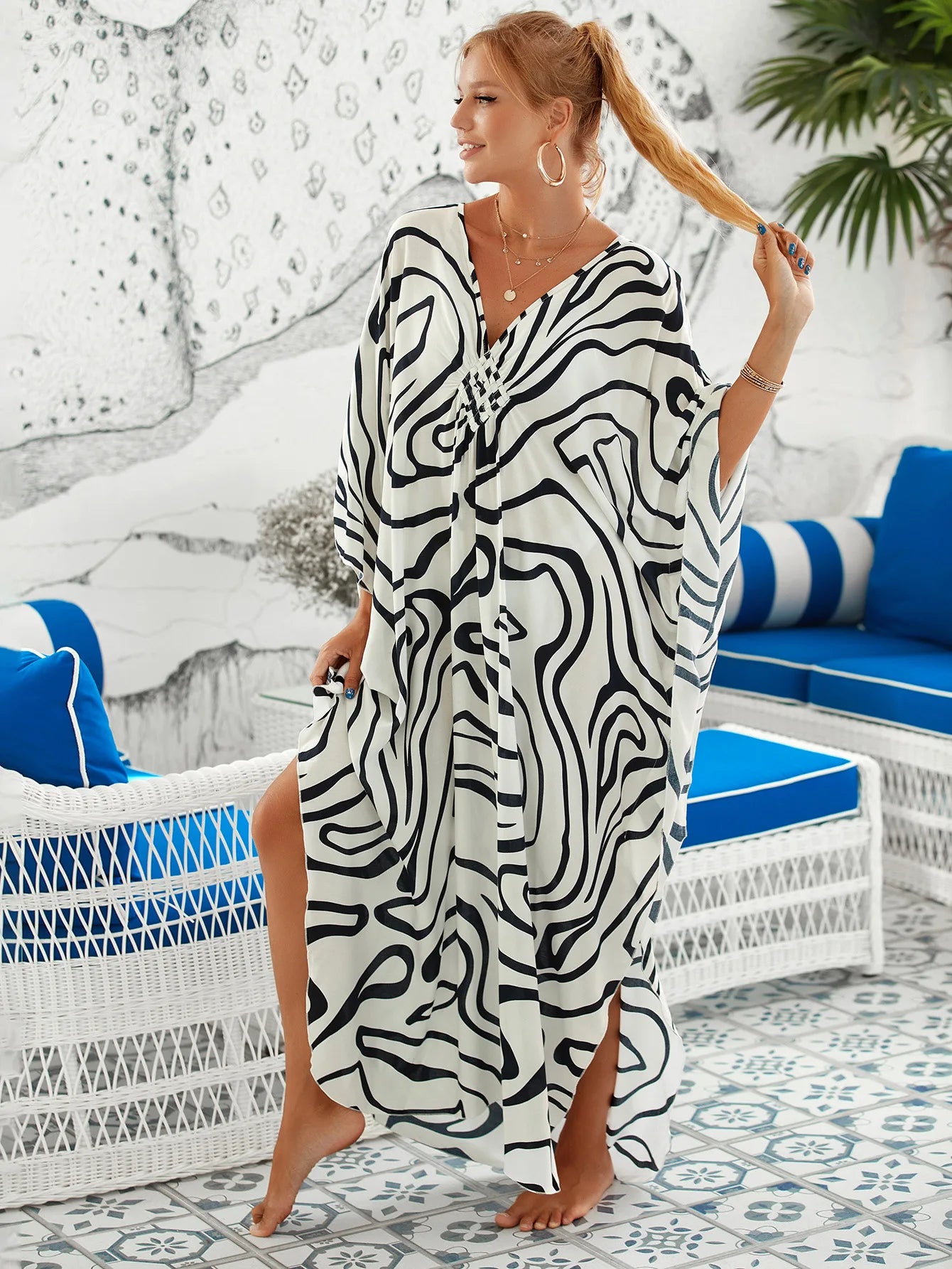 Loose Floral Pleated Kaftan Dresses for Women Wave Neck Swimsuit Cover Up Caftan