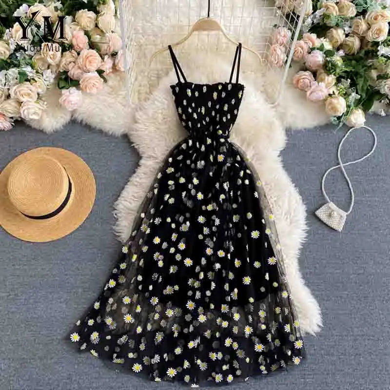Daisy Print Mesh Midi Dress