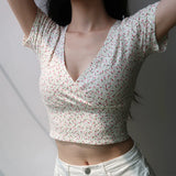 Y2K Vintage Floral Cross Crop Top T-shirt Women Cropped Slim Short Sleeve V-neck Sexy Summer Clothes Tee Shirt Femme Woman Tops 4