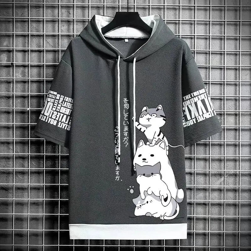 Fashion Men's Hoodies Summer Men Clothing Cartoon Casual Print Hooded Top Short Sleeve Sweatshirts Men 6