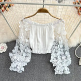 3D Floral Slash-Neck Women's Blouse