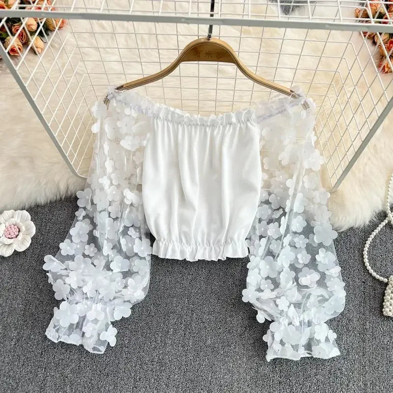 3D Floral Slash-Neck Women's Blouse