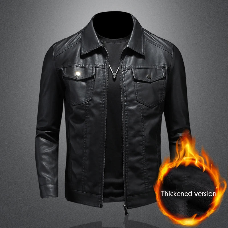 Men's lapel leather jacket autumn oversized slim motorcycle riding suit winter thickened PU leather waterproof work clothes 4