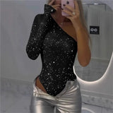 2025 Spice Girls Sexy Jumpsuit Sequin Top One-Shoulder Tight Rhinrhinone Solid Silver One-Piece Fashion Party Nightclub Summer 3