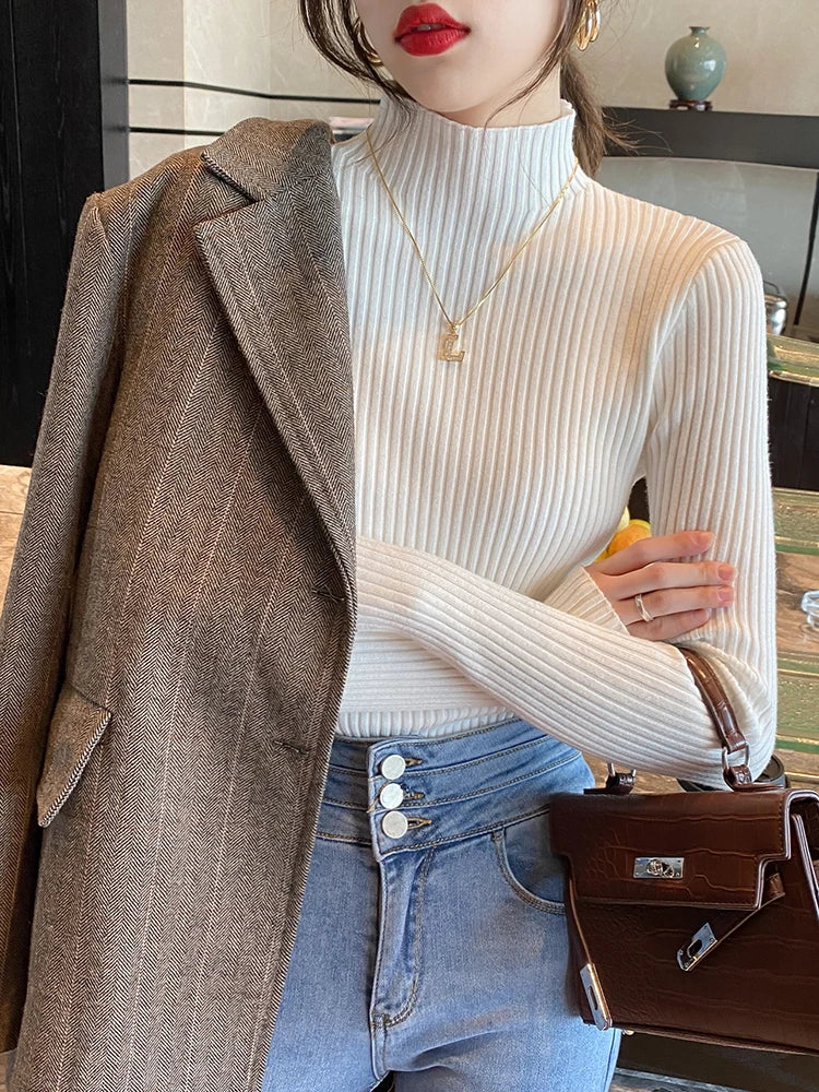 Elegant Solid Basic Knitted Tops Women Turtlneck Sweater Long Sleeve Casual Slim Pullover Korean Fashion Simple Chic Clothes 4