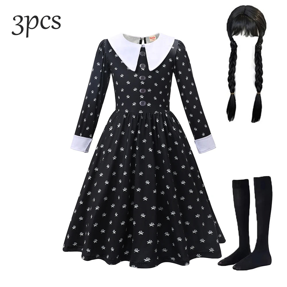 Black Mesh Fluffy Dress for Kids Girls Gothic Style Wednesdy Costume Halloween Dress Up Party Children Outfits Disguise Printing 4