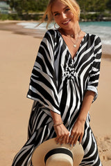 Loose Floral Pleated Kaftan Dresses for Women Wave Neck Swimsuit Cover Up Caftan 3