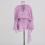 GALCAUR Solid Loose Splicd Lace Up Dresses For Women V Neck Long Sleeves Patchwork Ruffles Tunic Dreses Female Fashio New