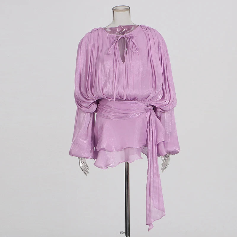 GALCAUR Solid Loose Splicd Lace Up Dresses For Women V Neck Long Sleeves Patchwork Ruffles Tunic Dreses Female Fashio New