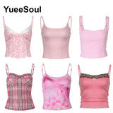 2024 Summer New Pink Crop Tops 2000s Y2K Aesthetic Sweet Cute Fairycore Tank Top Sleeveless Slim Sling Camis Women Clothing 1