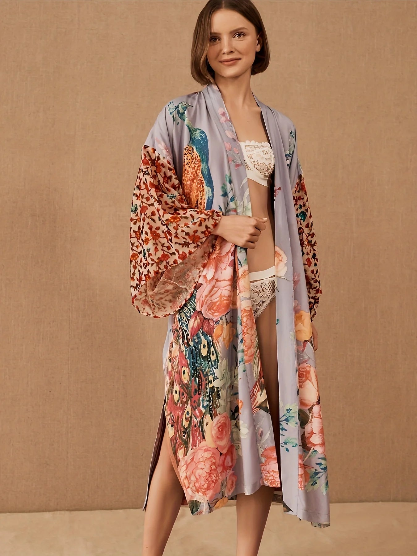 Beach Kimono Cover Up | Peacock Print Wrap Dress | Swimsuit Cover Up | Beachwear 3