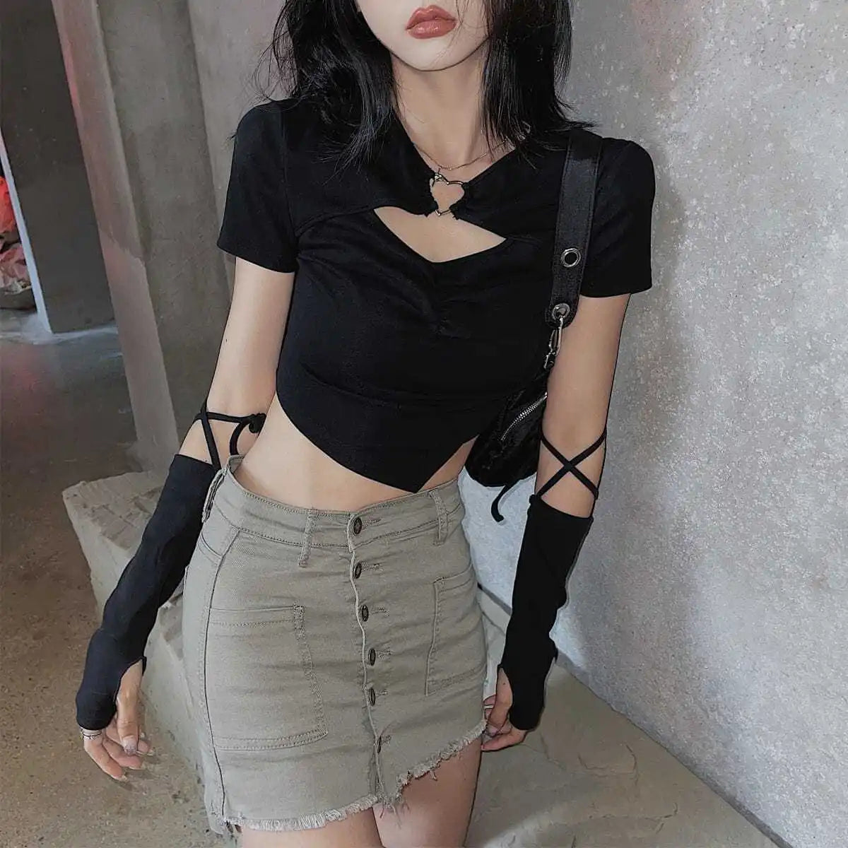 High Street Short Sleeve T-shirt Women Harajuku Summer Hollow Out Slim Design Ins Korean Style Above Navel Cropped Top All-match 7