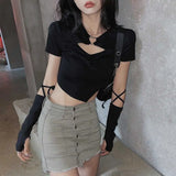 High Street Short Sleeve T-shirt Women Harajuku Summer Hollow Out Slim Design Ins Korean Style Above Navel Cropped Top All-match 7