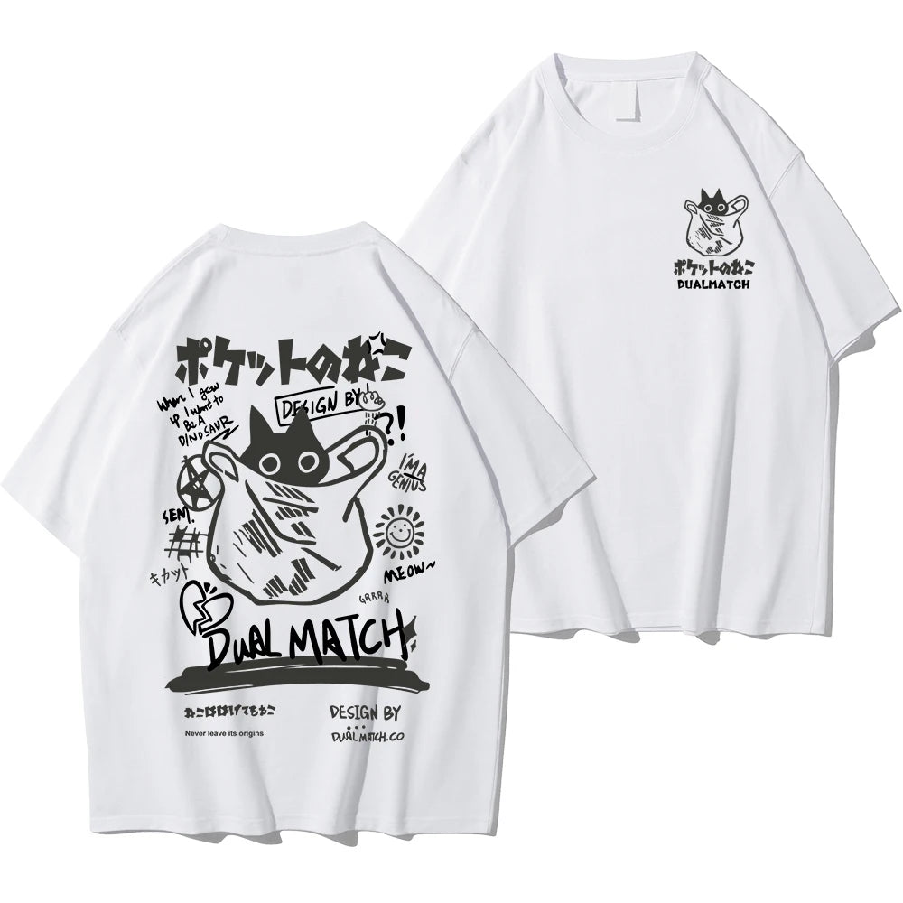 Men Women Cartoon T-Shirts 2024 Summer Harajuku Kawaii Cat Printed Short Sleeve Tees Couple Streetwear Loose Clothes Y2K Tops 3