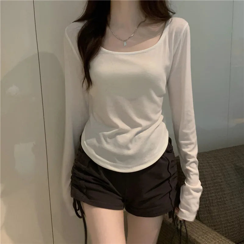 Women Long Sleeve Square Neck T-Shirt Spring And Autumn New Irregular Hem Slim Casual Top Girl Bottom Shirts 4