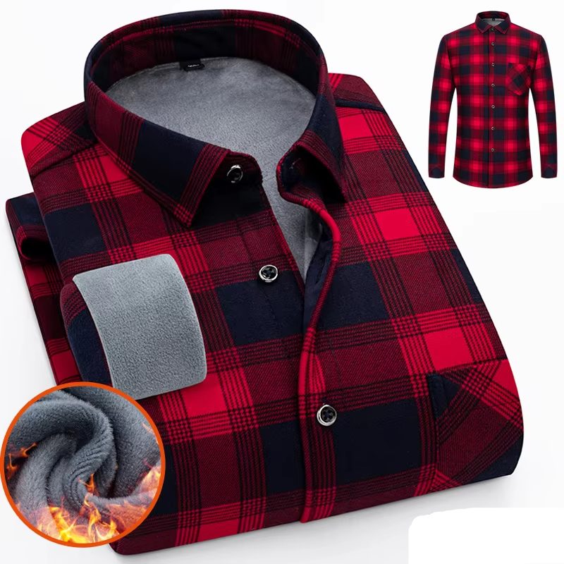 Men's Autumn Winter Thick Fleece Plaid Shirt