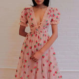 French Style Strawberry Two-tone V-neck Long Dress Sequins Ruffles Fashionable Net Yarn Sleeveless Robe 2