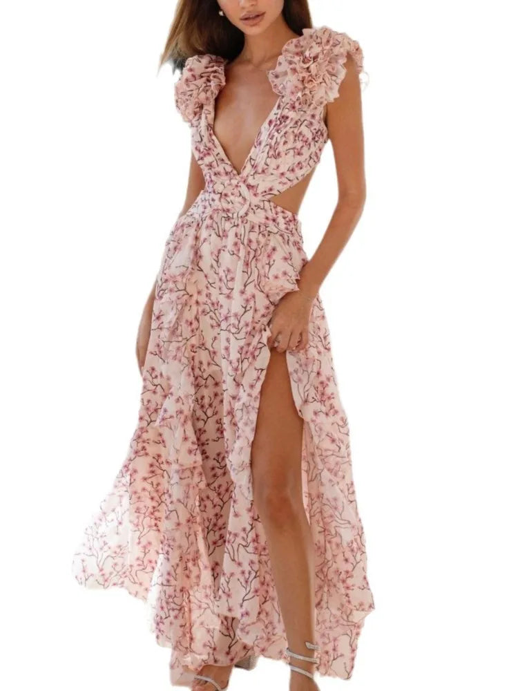 Women V Neck Ruffle Sleeves Printed Long Dresses 2025 Summer Fashion Elegant Beach Vacation Backless Lace-up Sleeveless Dress 6