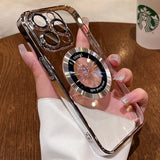 Luxury Plating Clear Logo Hole Case For iPhone 16 15 14 Plus 13 12 11 Pro Max For MagSafe Magnetic Wireless Charging Back Cover