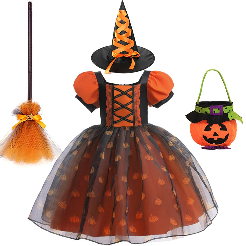 Girls' Halloween Pumpkin Witch Princess Dress