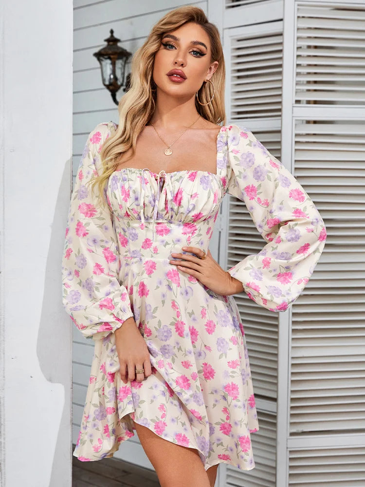 NewAsia Floral Dress Women Lantern Long Sleeve Ruched Print A Line Square Neck Tie up Mini Vestidos Sexy Chic Summer Beach Dress 8