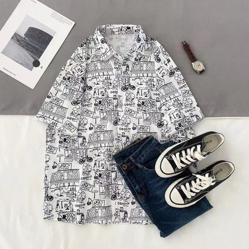 Men Street Fashion Summer Daily Shirt Hawaiian Cartoon Print Casual Loose Shirts 5