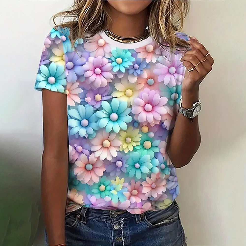 3D Floral Print Women's T-Shirt - Summer Casual Tee 2