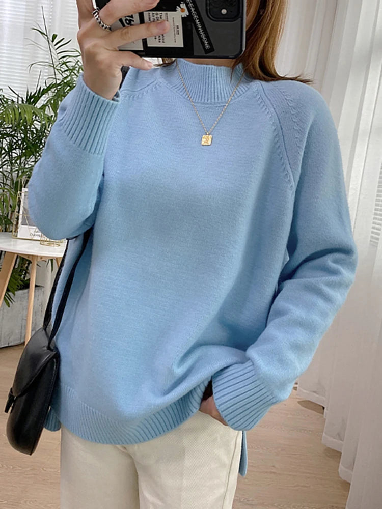 Women Mock Neck Pullovers Sweater High Quality Oversized Jumper Split Fall Winter Clothes Beige Purple Green 8 Colors  C-114 4