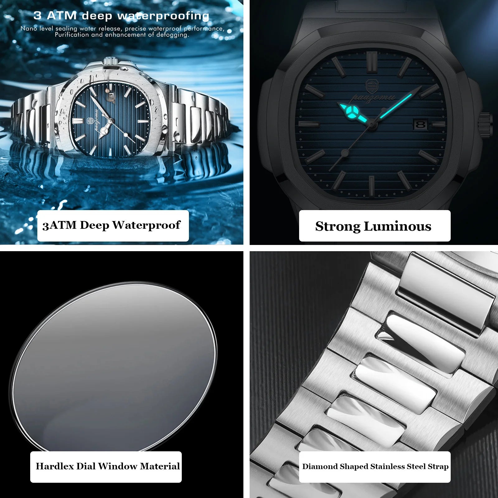 Men Quartz Watch Luxury Waterproof Date Week Luminous Wristwatch Stainless Steel Men's Watches 3