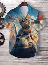 Men's Playful Cat Graphic Button-Down