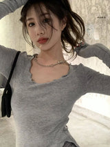 Long Sleeve T-shirts Women Fungus Line Irregular Hem Knitted Slender Autumn Bottoming Tees Chic Fashion Sexy Solid Ulzzang New 1