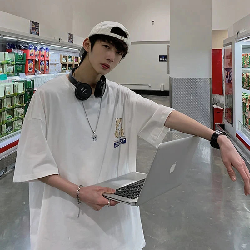 Harajuku Cat Cartoon Eating Noodles Graphic Men Women Tshirts Casual Short Sleeve Tees Japan Style Oversized T Shirt Clothing 4