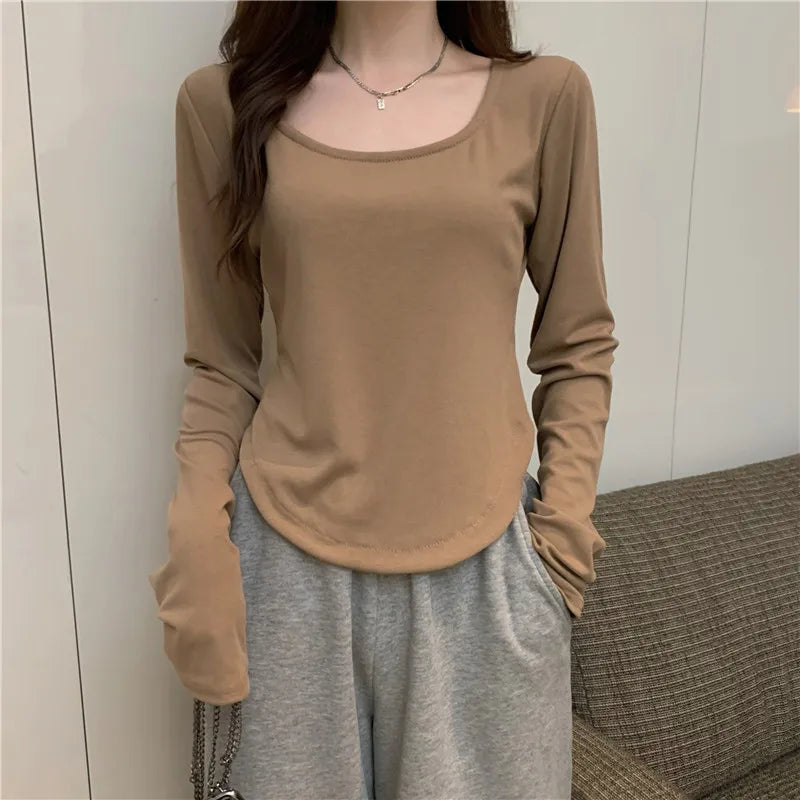 Women Long Sleeve Square Neck T-Shirt Spring And Autumn New Irregular Hem Slim Casual Top Girl Bottom Shirts 5