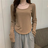 Women Long Sleeve Square Neck T-Shirt Spring And Autumn New Irregular Hem Slim Casual Top Girl Bottom Shirts 5