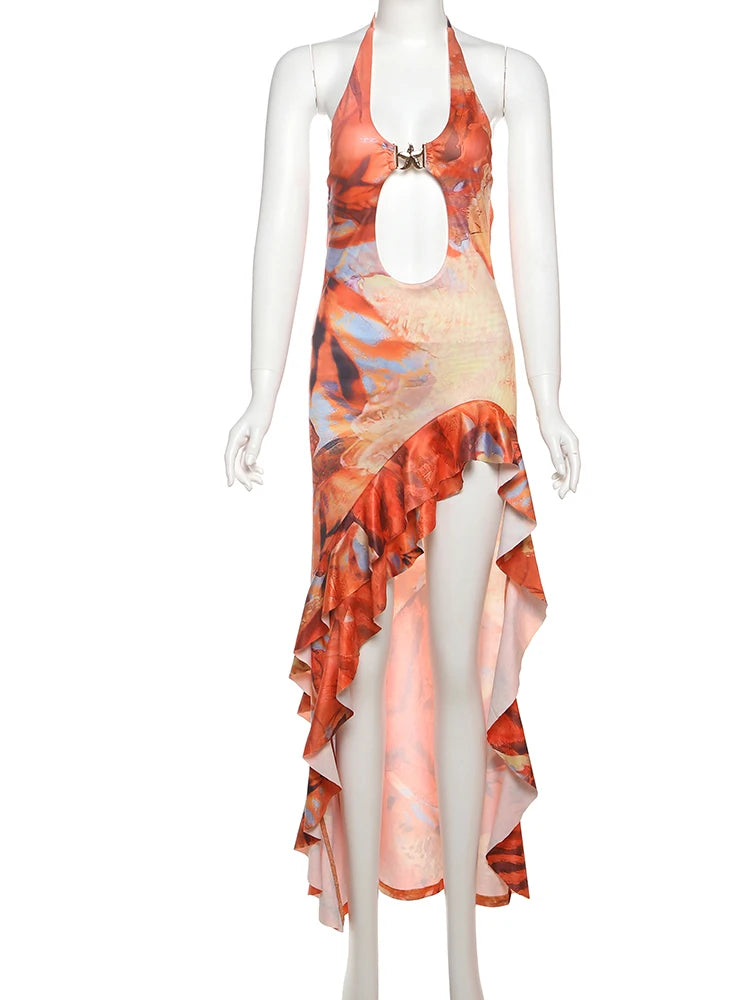 Halter Metal Buckle Dress Women Y2K Hollow Backless Summer Trend High Split Ruffles Sexy Elegant Bandage Maxi Bodycon 6