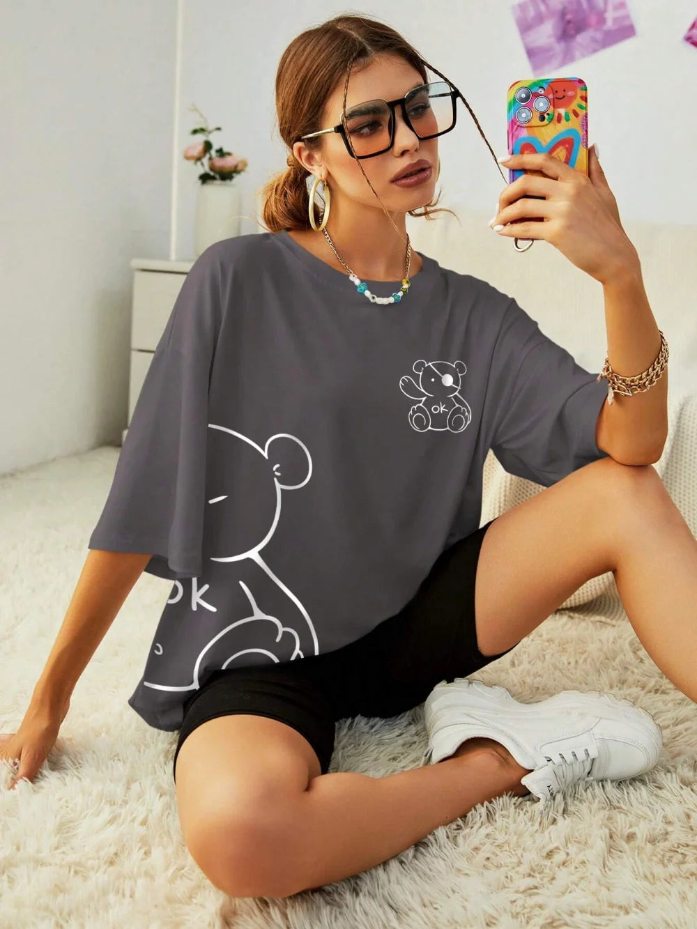 Women's Cotton T-Shirt - Kawaii Teddy Bear Graphic Print - Summer Casual Top 3