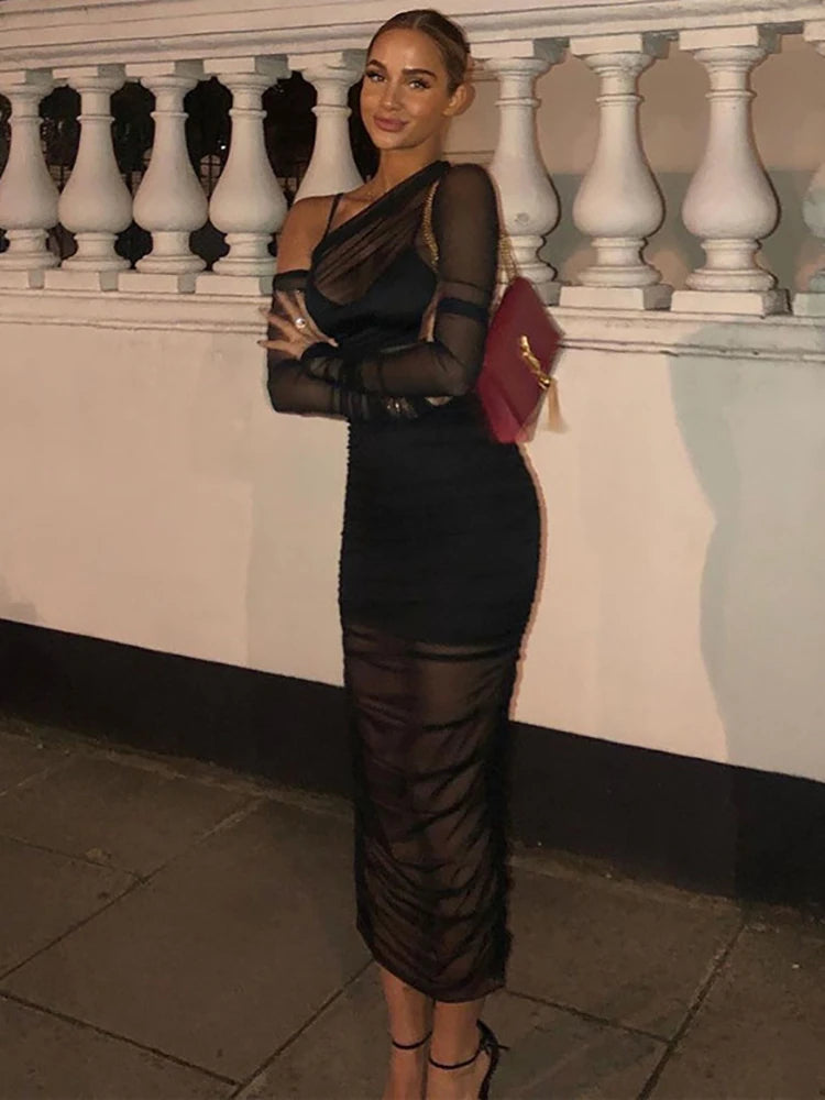 Articat Mesh See Through Women Dress Sexy 3 Piece Set Elegant Fashion Female Clothing Casual Slim Camisole Black Bodycon Skirts 3