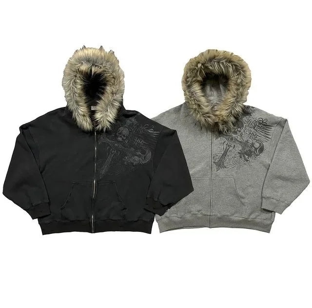 Y2k Street vintage warm cardigan loose hoodie men winter fashion fur collar hat hoodie Street skull print zipper sweatshirt 2