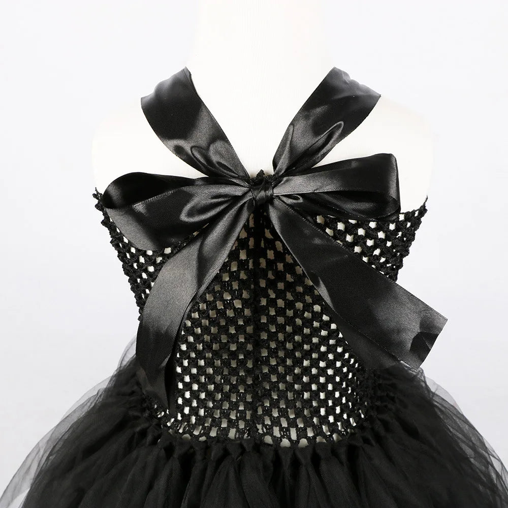 2024 New Maleficent Halloween Costume Maleficent Tulle Dress for Girls Cosplay Evil Queen Black Mesh Princess Dress Kids 6