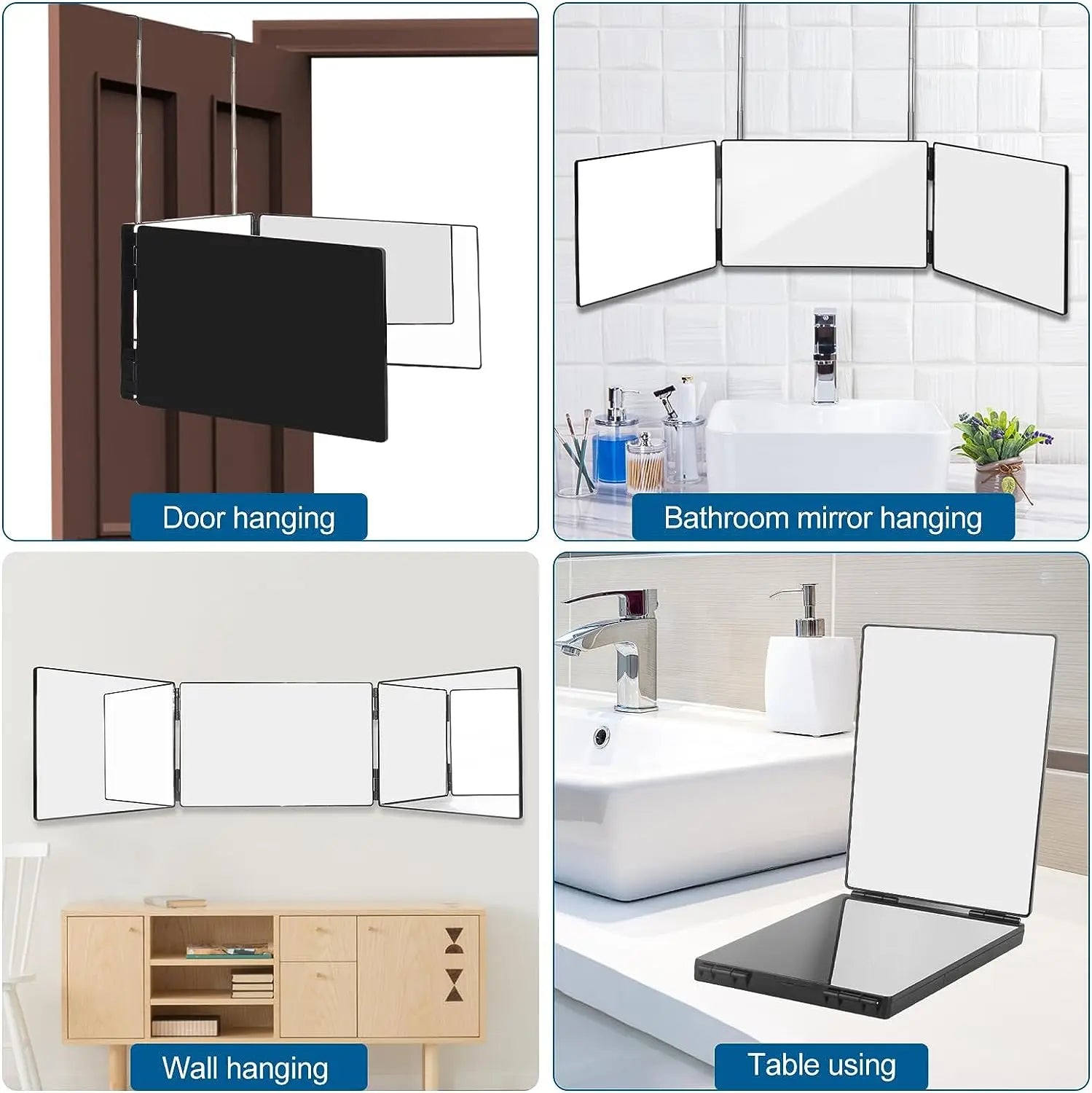 Black Portable 360 Trifold Mirror with Height Adjustable Telescoping Hooks Ideal for Self Hair Cutting Makeup Essential Fordable 6