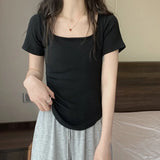 Women Long Sleeve Square Neck T-Shirt Spring And Autumn New Irregular Hem Slim Casual Top Girl Bottom Shirts 9